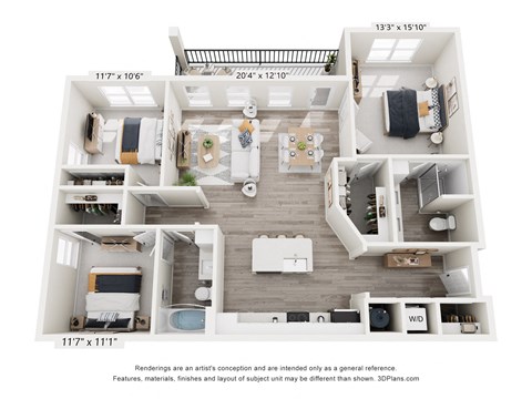 Floor plan for 3 beds, 2 baths, 1353 sqft